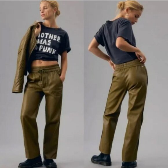 MOTHER Pants - MOTHER The Rambler Lounger Ankle Faux Leather Lined Fig Green Pants Size Medium